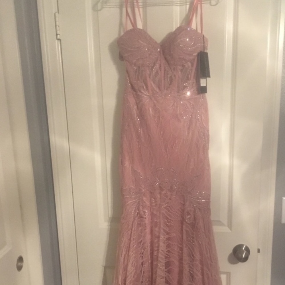 Mauve Lace Jeweled Mermaid Prom Dress